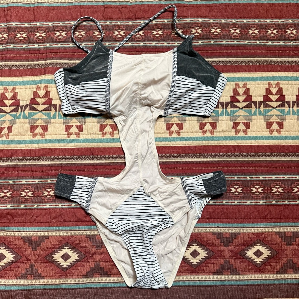 Kuleana Striped One-Piece Swimsuit in Black and Cream size medium